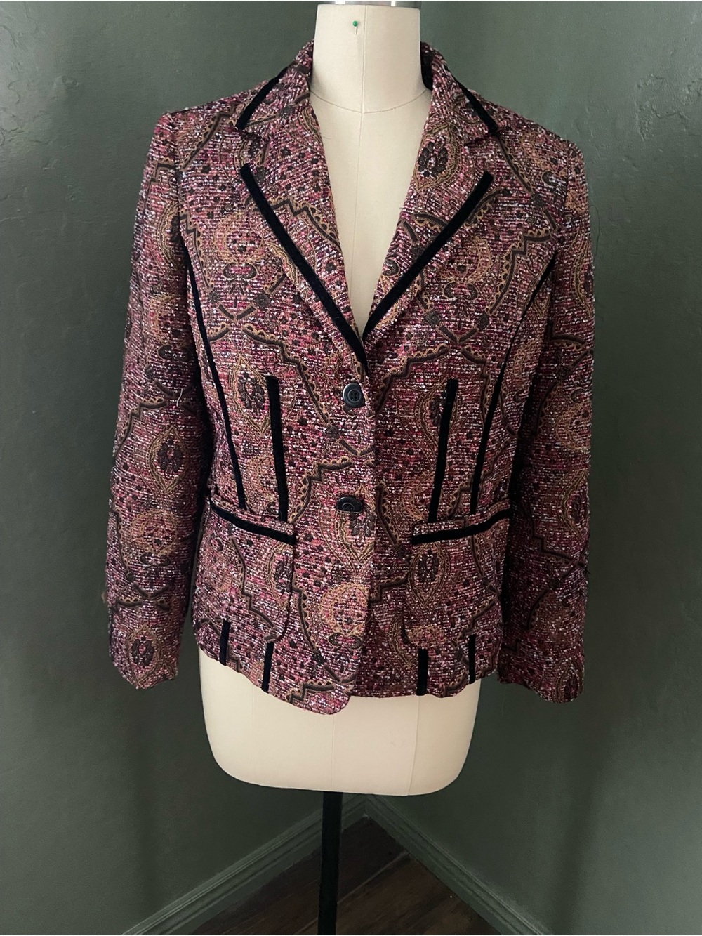 Coldwater Creek Pink Patterned Blazer with Black Trim